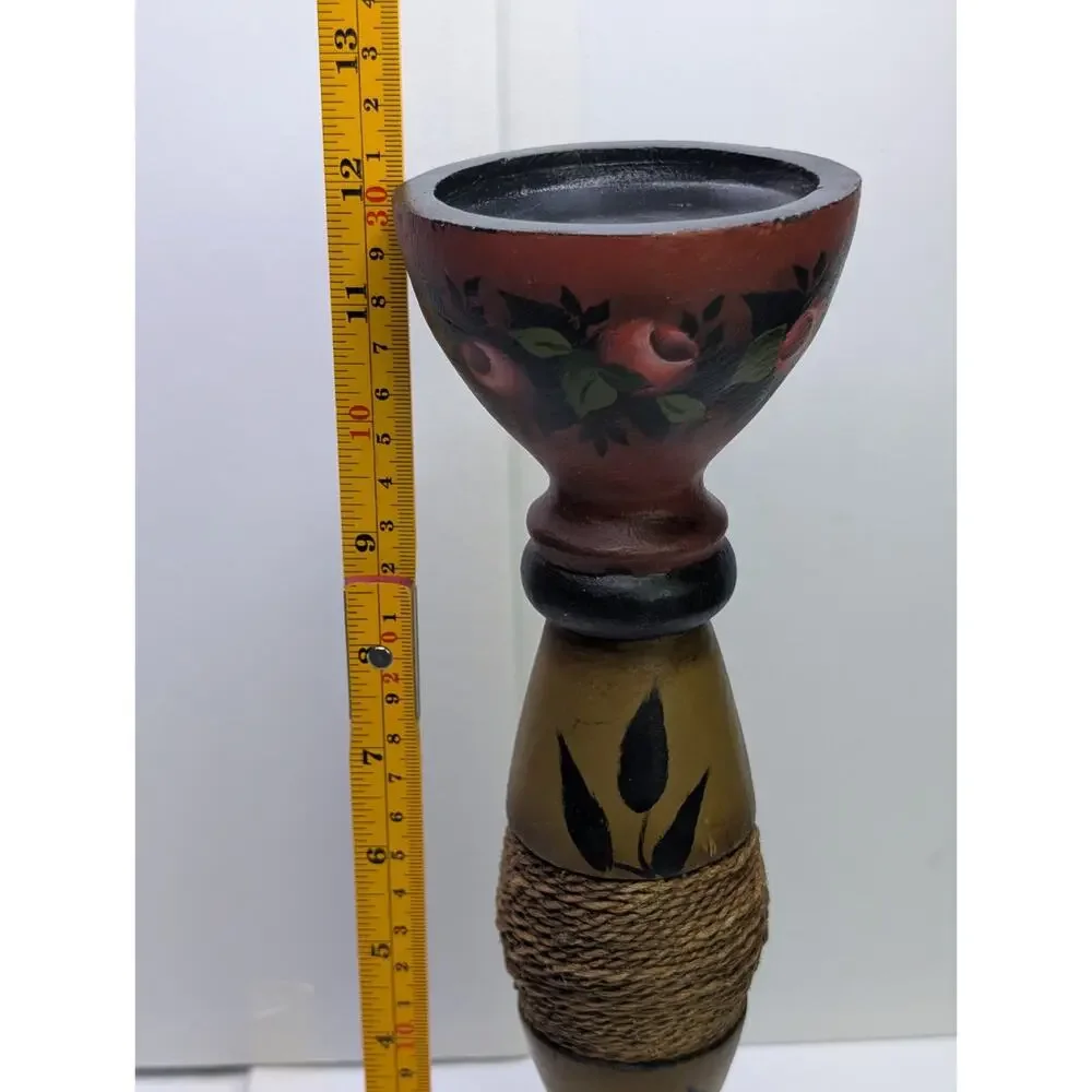 M Howe 2014 Signed Hand Painted Wood Candle Holder Floral Folk Art 12
